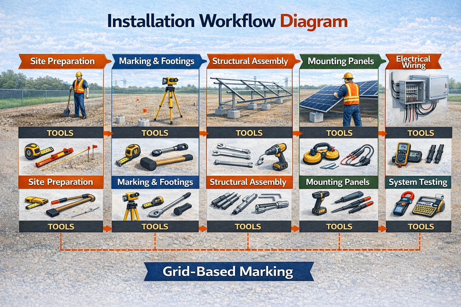 Diagram showing the solar installation workflow from site assessment and design to installation, testing, and commissioning for solar EPC installation tools