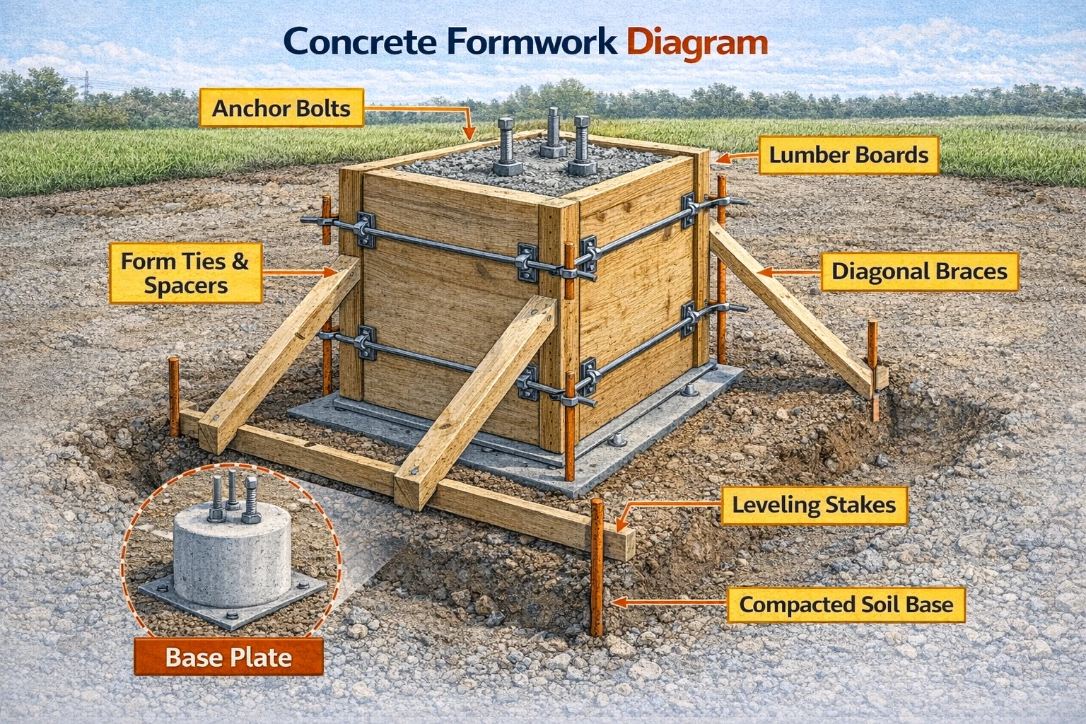 Diagram showing concrete formwork setup for solar project foundations with dimensions and structural alignment