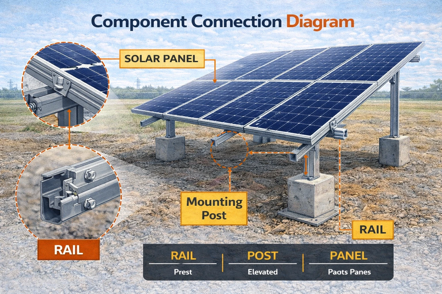 Diagram showing connections between solar mounting structure components including rails, clamps, bolts, and supports