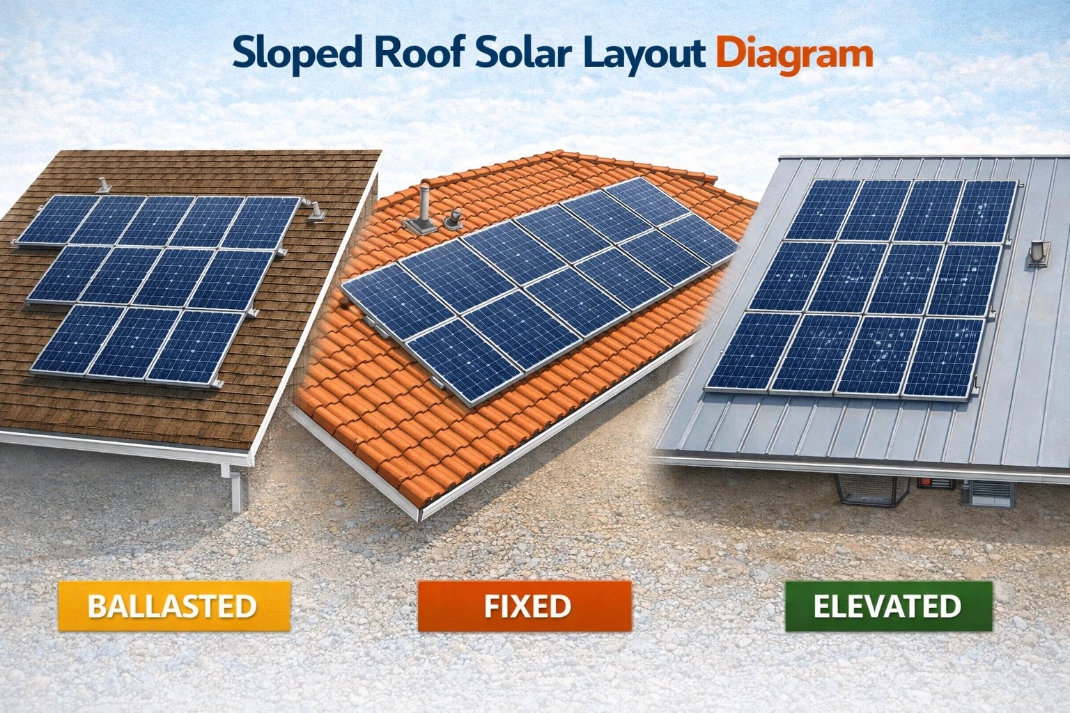 Solar installation on sloped roofs showing panel layout, tilt angle, and mounting structure design