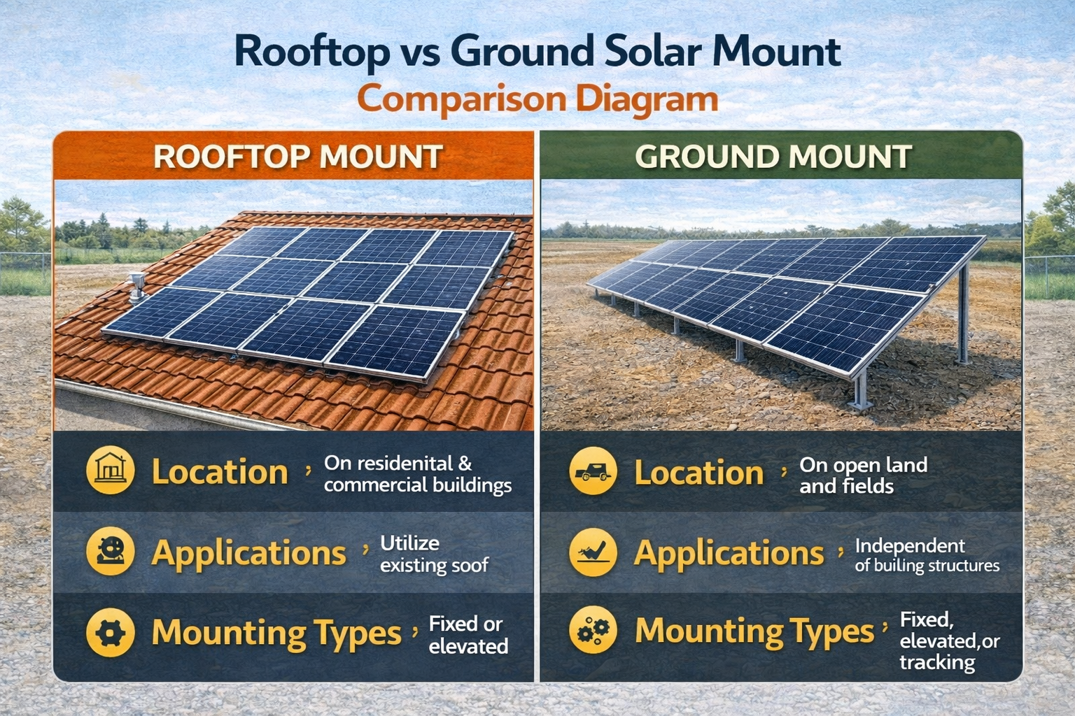 Comparison diagram of rooftop vs ground mounted solar mounting structures showing installation, space requirements, and design differences