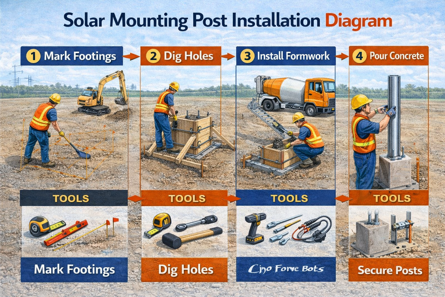 Diagram showing solar mounting post installation process for fixed structures including alignment, spacing, and foundation setup