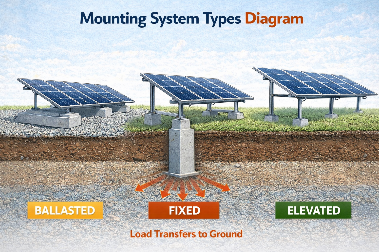 Diagram showing different flat roof solar mounting system types including ballast, fixed tilt, and adjustable structures