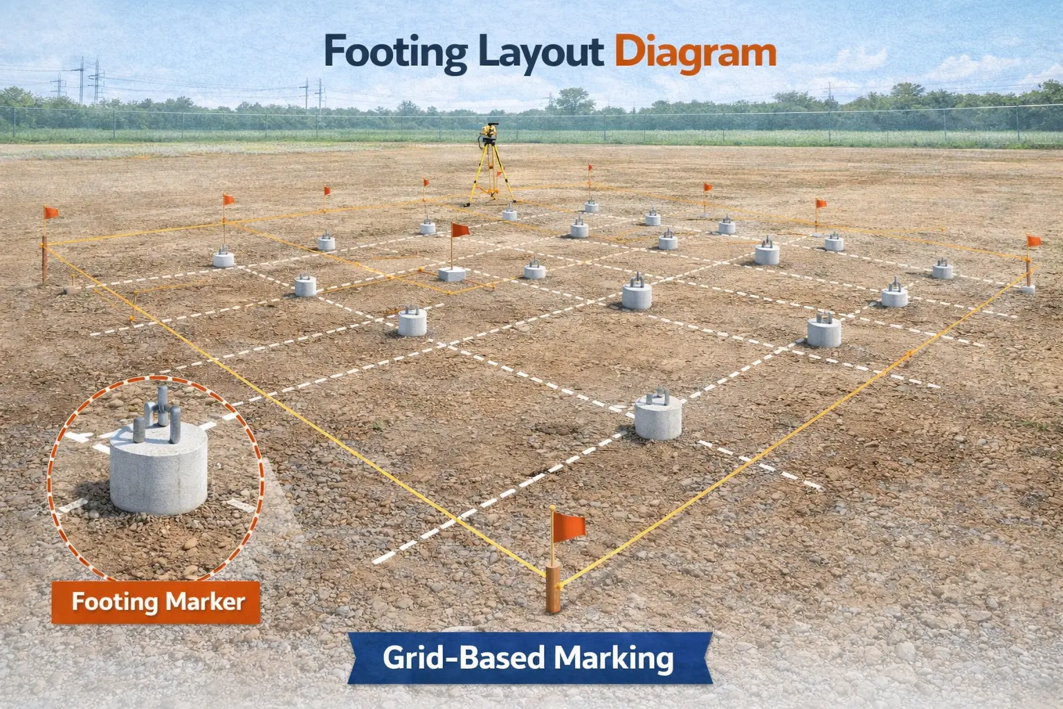 Solar footing layout diagram showing marking of foundation points for mounting structures on site