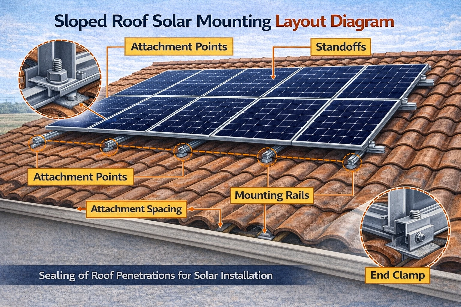 Installation of Roof Attachments and Anchors for Sloped Roof Solar Structures- Step-by-Step Guide