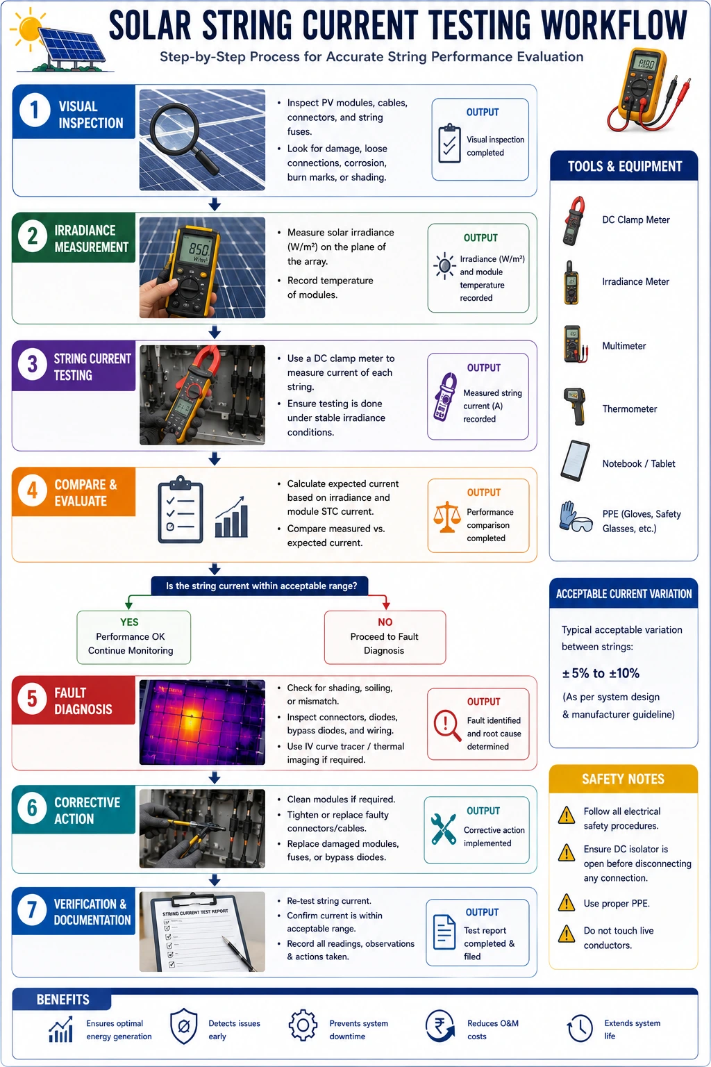 Check Current Output for Each String and Identify the String with Low or Undesired Power Output- Complete Solar PV String Performance Testing Guide Check Current Output for Each String and Identify the String with Low or Undesired Power Output- Complete Solar PV String Performance Testing Guide